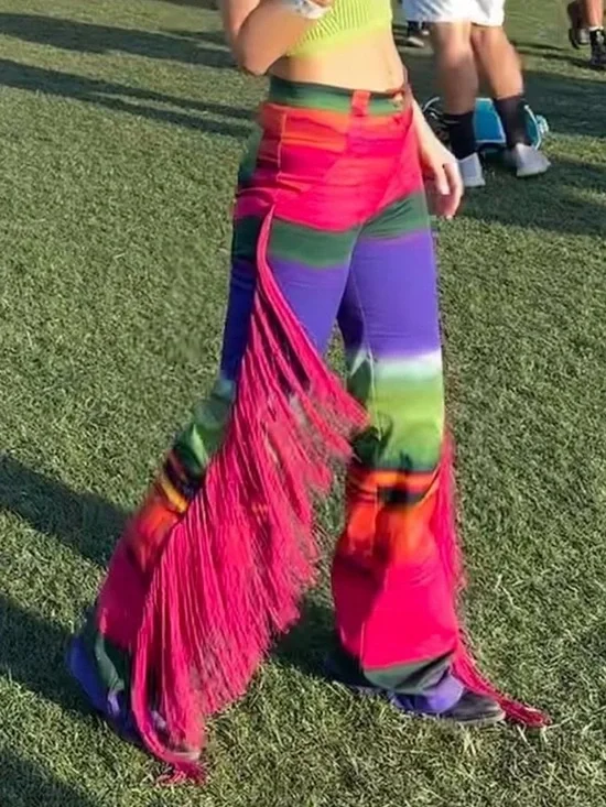 Colorblock Fringe Wide-Leg Pants in Purple, Green & Pink - Picture 6 of 6